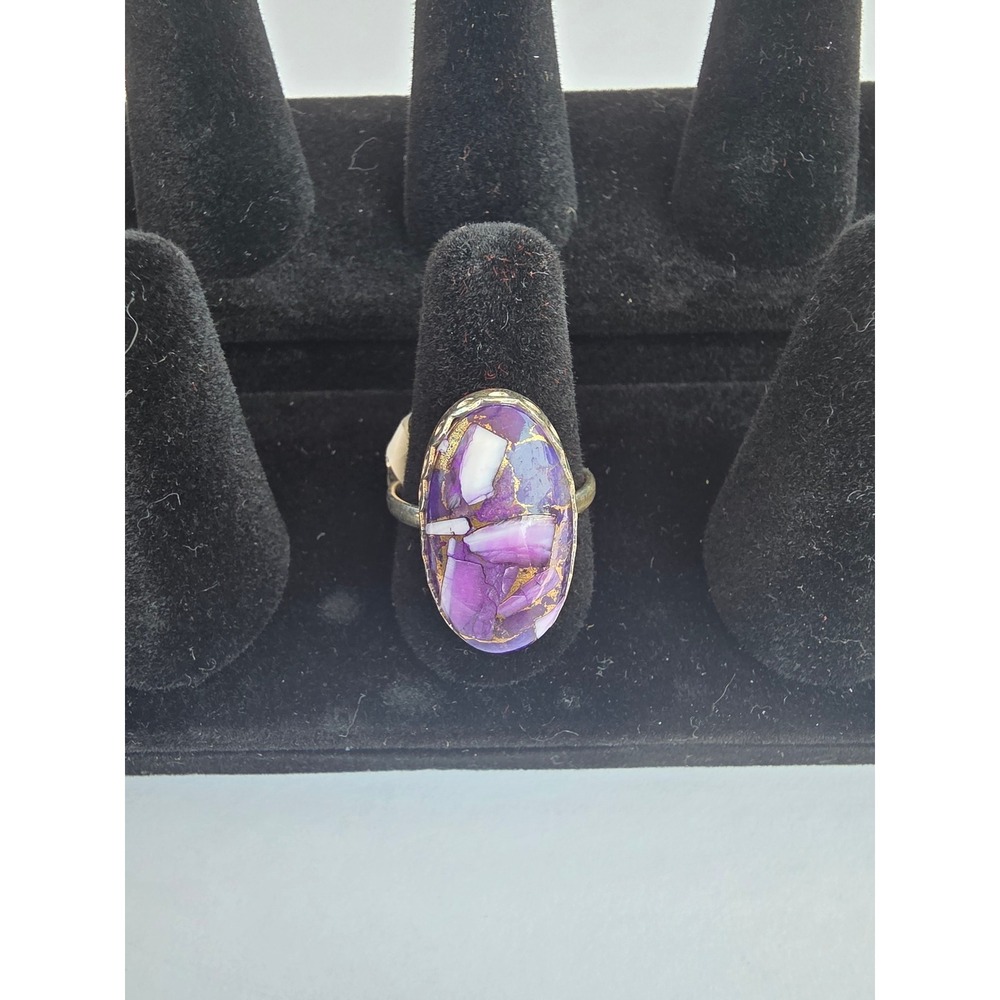 Sterling Silver Purple Copper Turquoise Mosaic Scalloped Oval Statement Ring 8.5